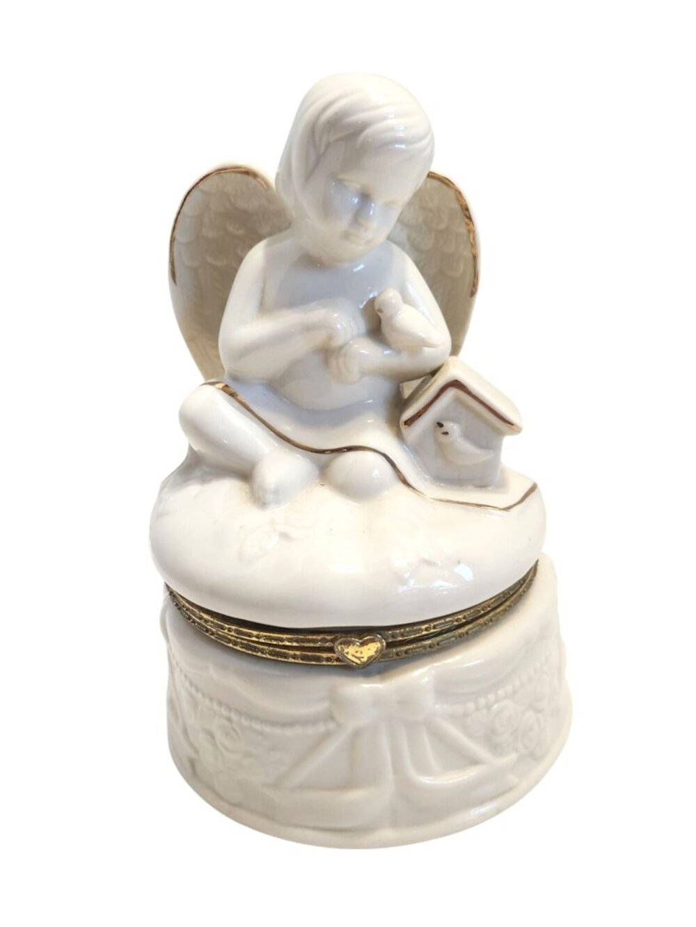 Ceramic Angel Trinket Box Figurine Gold Accents Bird & Birdhouse Hinged Lid READ